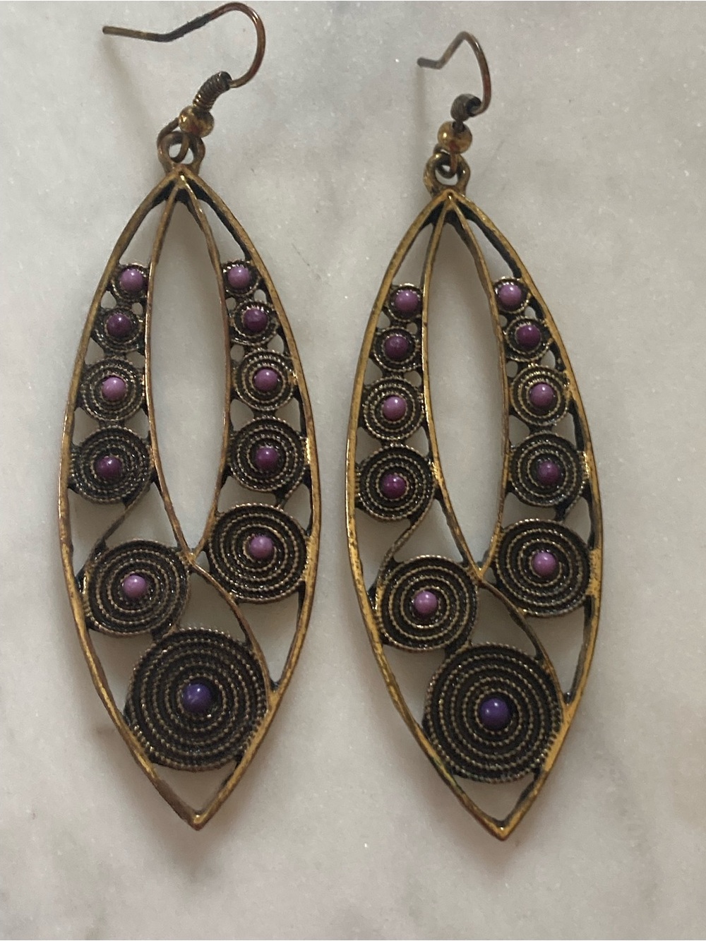 Vintage-Inspired Gold Filigree Earrings with Purple Accents